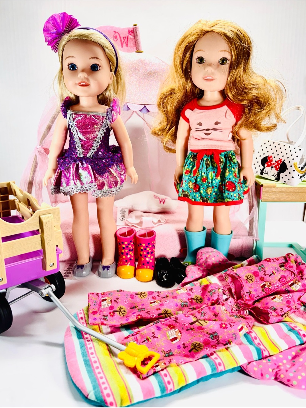 Lot Of 2 Wellie Wisher Dolls, 3 Outfits , 1 Sleeping Bag, 1 Wagon & Canopy Bed